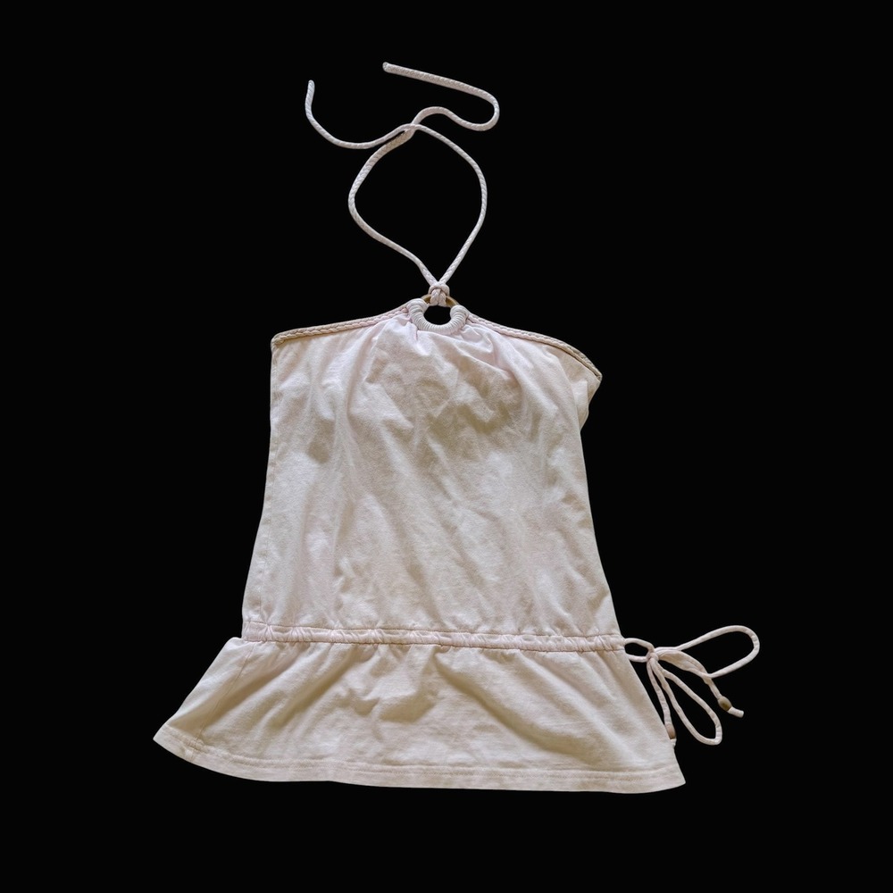 Y2K Energie Pink Halter Top Braided O-Ring Drawstring Peplum Cotton Small